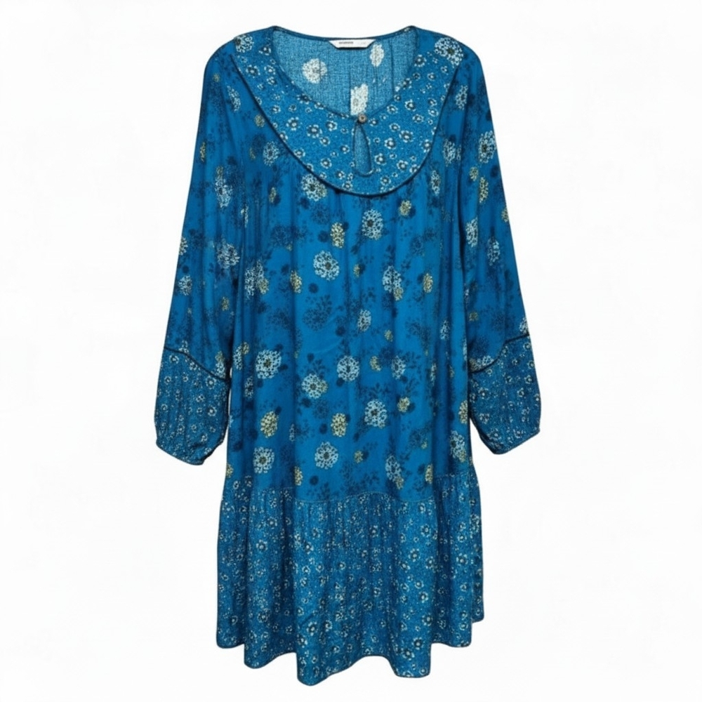 Sonoma Boho Floral Dress Blue Size 1X NWT Peasant Prairie Tiered Flowy Tunic - Picture 2 of 11